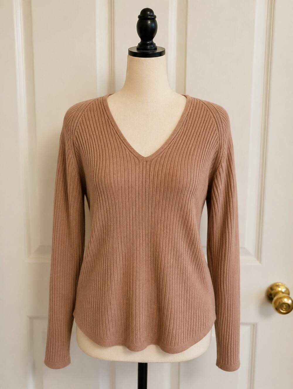 Jennifer Lopez Ribbed V-Neck Sweater in Taupe